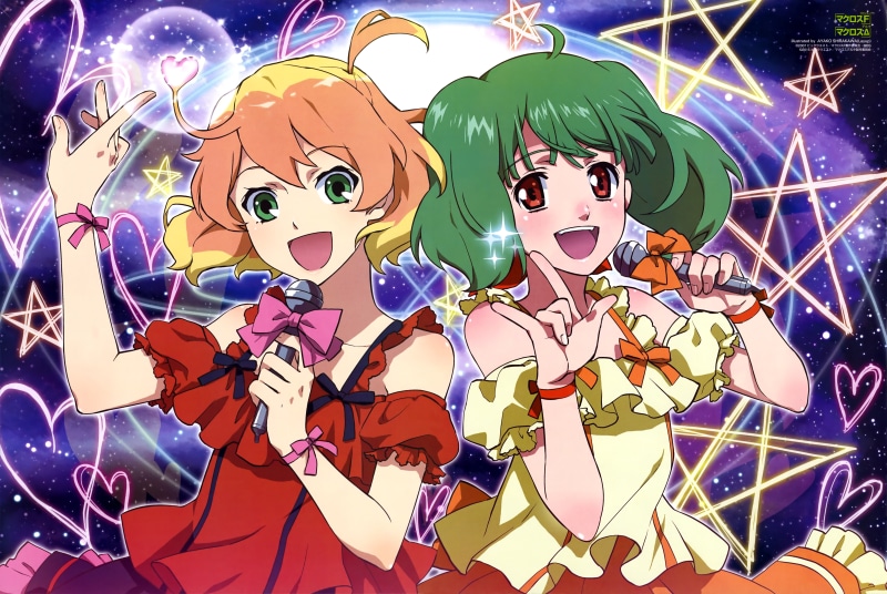 microphone, lee, macross, 244689, konachan, com, ayako, orange, bow, eyes, freyja, delta, green, twintails, 2girls, hair, 5K, ranka, wion, short, wristwear