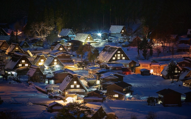 tree, nature, landscape, snow, Trees, Lights, winter, Japan, high angle view, Shirakawa go, christmas decoration, cold temperature, village, building exterior