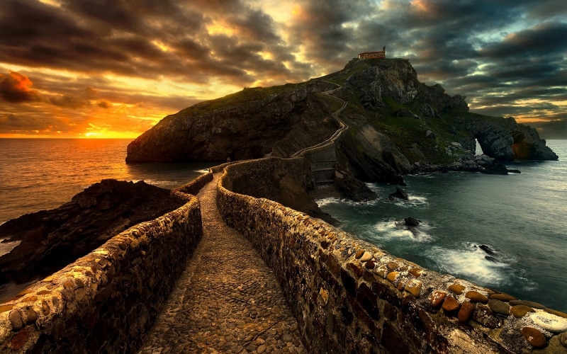path, temple, horizon over water, cloud - sky, 720P, idyllic, solid, walkway, brown, rock, rock - object, sea, stone, clouds, horizon, Pais Vasco, sunset