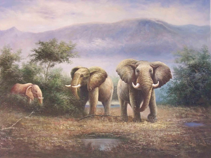 wild, trees, mother, painting, tusk, animals, africa, mountains, magnificence, elephants, beautiful, realism, skin, babies, 1080P
