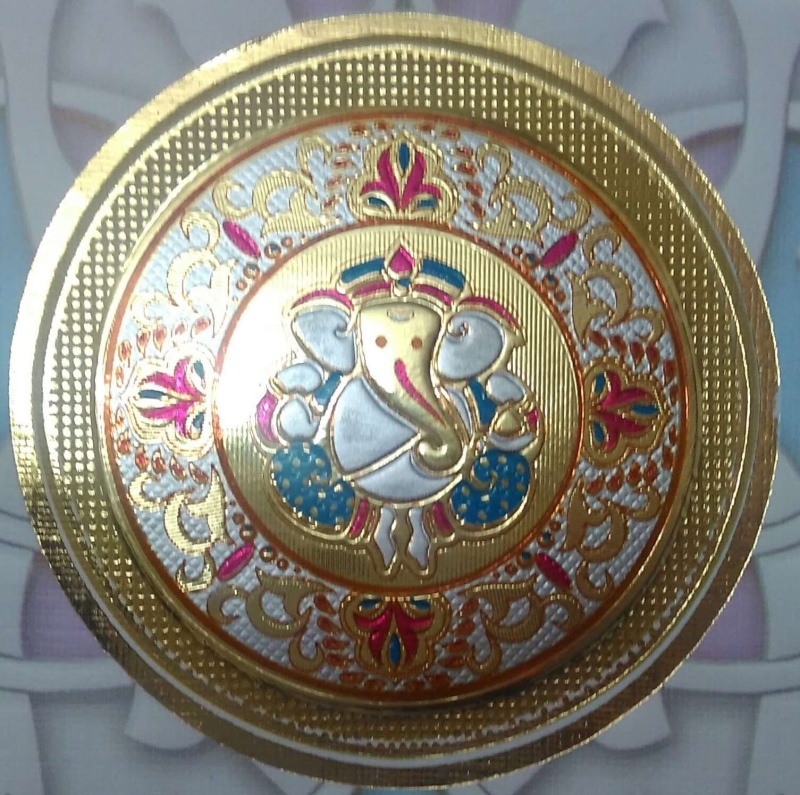 silver colored, craft, indoors, circle, close-up, multi colored, day, lord ganesh, no people, geometric shape, ornate, shape, still life, 720P, single object