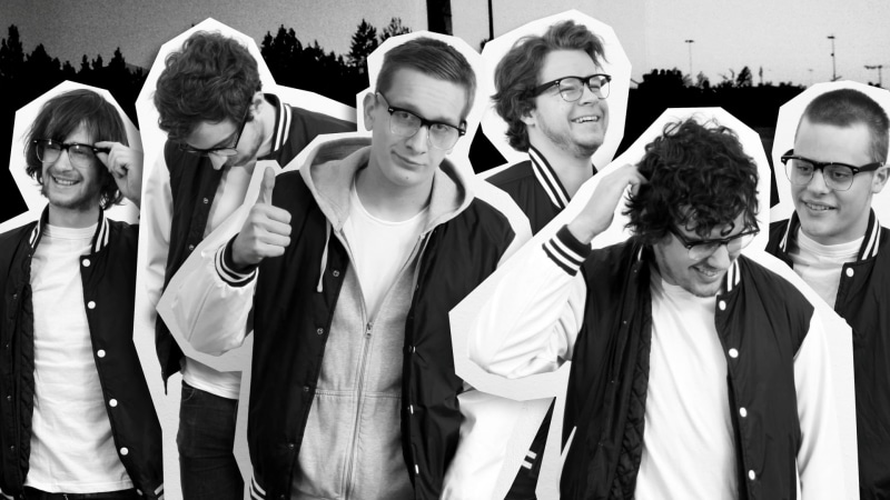young men, caucasian Ethnicity, retro Styled, kraftklub, student, emotion, graphics, celebration, young Adult, adult, waist up, outdoors, eyeglasses, sunglasses
