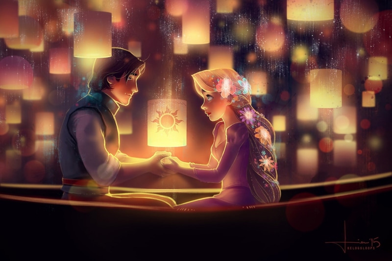 Flynn Rider, illuminated, futuristic, kelogsloops, Rapunzel, occupation, computer, beauty, art, city, connection, lanterns, two people, adult