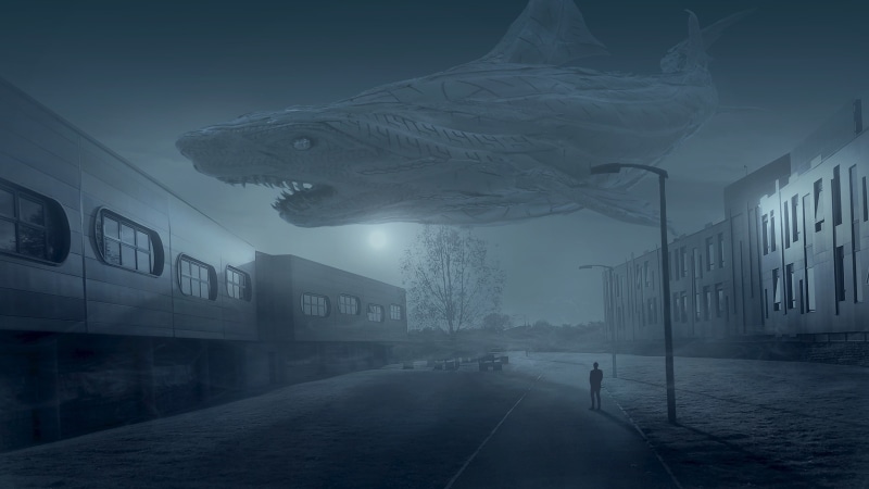 people, monster, Windows, atmospheric, moonlight, another world, haze, 2K, shadows, the sky, shark, street, Krasny sleep, night, mouth, the flood, building