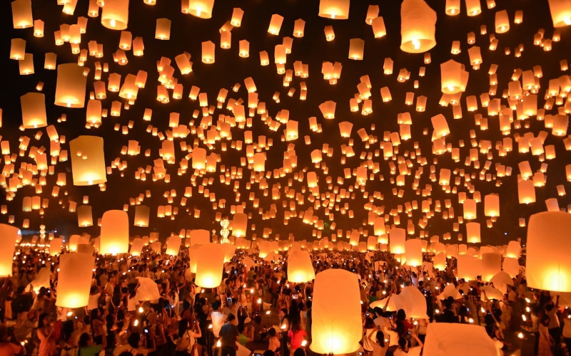 traditional festival, chinese lantern festival, Festival, large group of people, crowd, sky, women, 1080P, Thailand, night, chinese new year, lifestyles