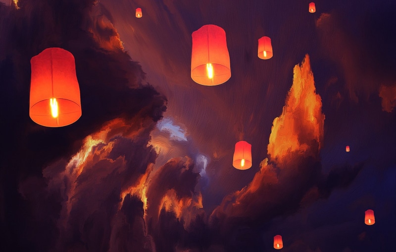 orange color, low angle view, night, transportation, no people, environment, paper lantern, cloud - sky, lantern sky lanterns clouds artwork floating, flying