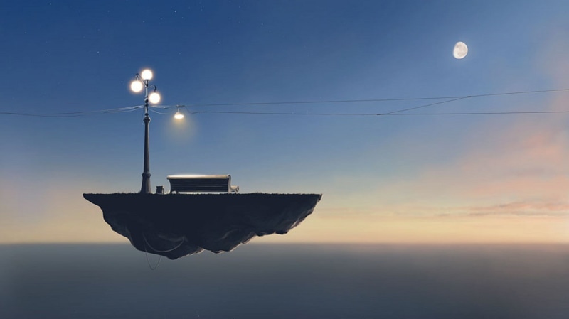 720P, lantern, sunset, Moon, bench, abstract, floating island, digital art