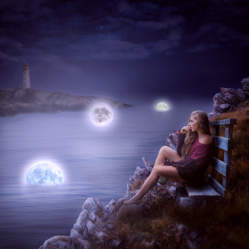 story, full length, beautiful, mystic, moonlight, looking, bench, girl, landscape, rock - object, space, woman, fantasy, breakage, people, mysterious, girls