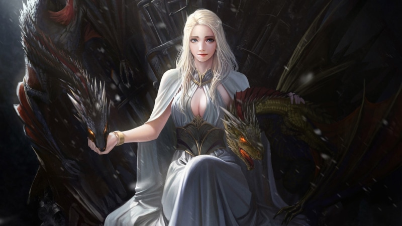 dragon, digital art, 1080P, TV, fantasy girl, throne, cleavage, Iron Throne, blonde, Daenerys Targaryen, fantasy art, A Song of Ice and Fire, Game of Thrones