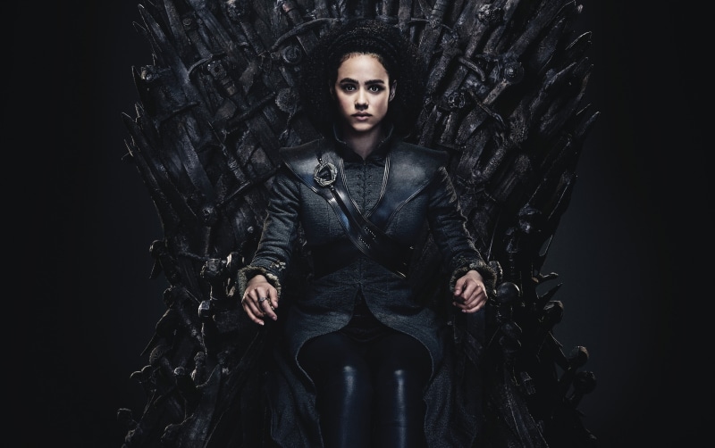 Missandei, sitting, 2K, Game of Thrones, iron, Nathalie Emmanuel, throne