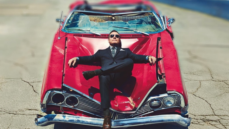 outdoors, transportation, broken glass, 720P, day, front view, red cars, lifestyles, mode of transportation, Heisenberg, one person, Ford, sunglasses