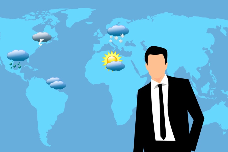 character, blue, forecaster, suit, business person, rain, world map, business, man, worldwide, weather, showing, businessman, digital composite, sun, job