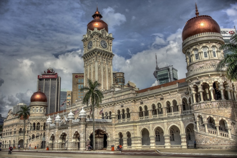 concrete, dome, Malaysia, sultan, building, Sultan Abdul Samad Building, Kuala Lumpur, 2K, palm trees, samad, abdul, tower, clock, brown