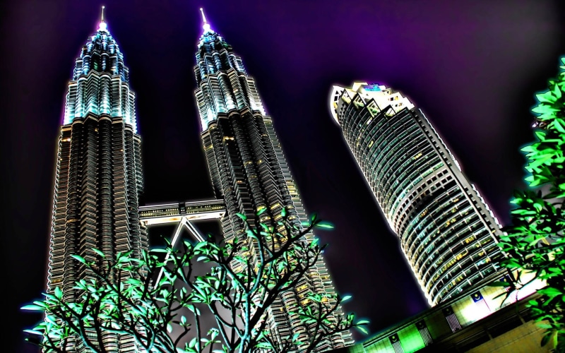 tower, no people, glowing, spire, nature, modern, 1080P, built structure, low angle view, skyscraper, office building exterior, city, Kuala Lumpur, building exterior