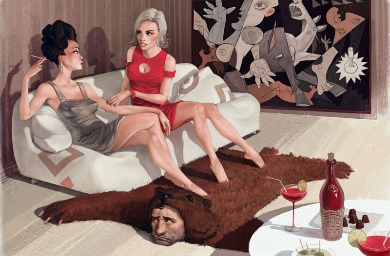 blonde, Pablo Picasso, cigarettes, Waldemar von Kazak, couch, painting, humor, barefoot, artwork, 720P, bears, men, DeviantArt, fur, brunette, red dress
