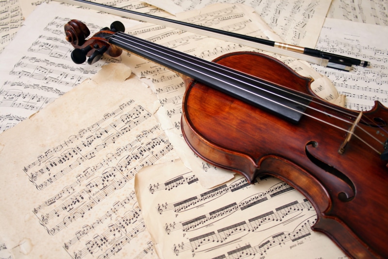 indoors, brown, classical Concert, classical Style, high angle view, bow - Musical Equipment, sheet Music, notes, sheet, bow, paper, classical Music, musical Instrument String