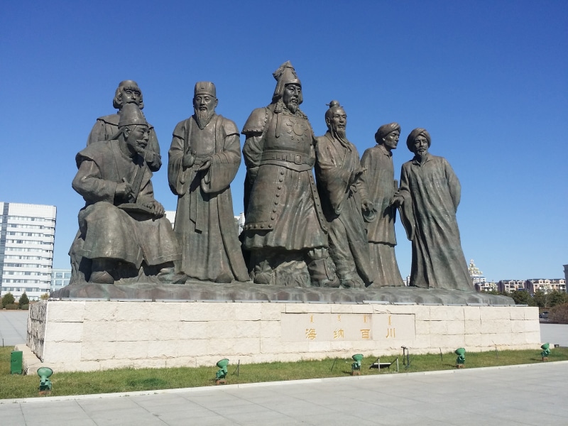 sky, sculpture, genghis khan, government, day, people, architecture, history, Statue, creativity, craft, built structure, the past, music, mongolia, nature