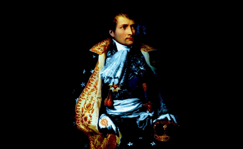 napoleon bonaparte, three quarter length, front view, indoors, one person, beautiful woman, real people, copy space, black background, young adult, lifestyles
