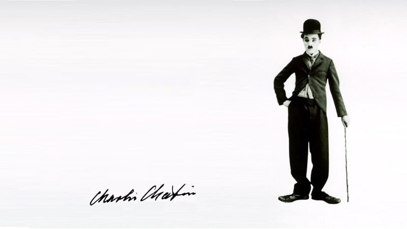 studio shot, chaplin, indoors, Comedy, people, copy space, white background, standing, 1080P, western script, charlie, well-dressed, male likeness, illustration