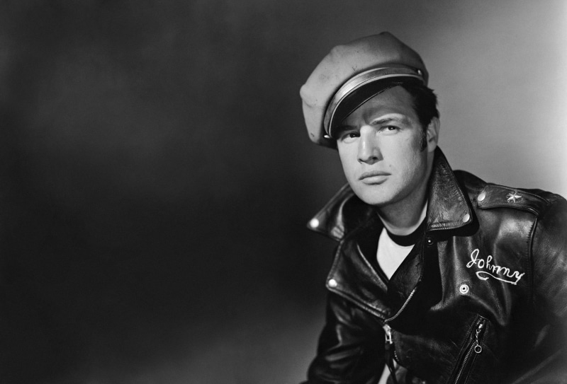 Marlon Brando, clothing, actor, black and white, leather jacket, looking, looking away, arts culture and entertainment, indoors, young men, jacket, 2K