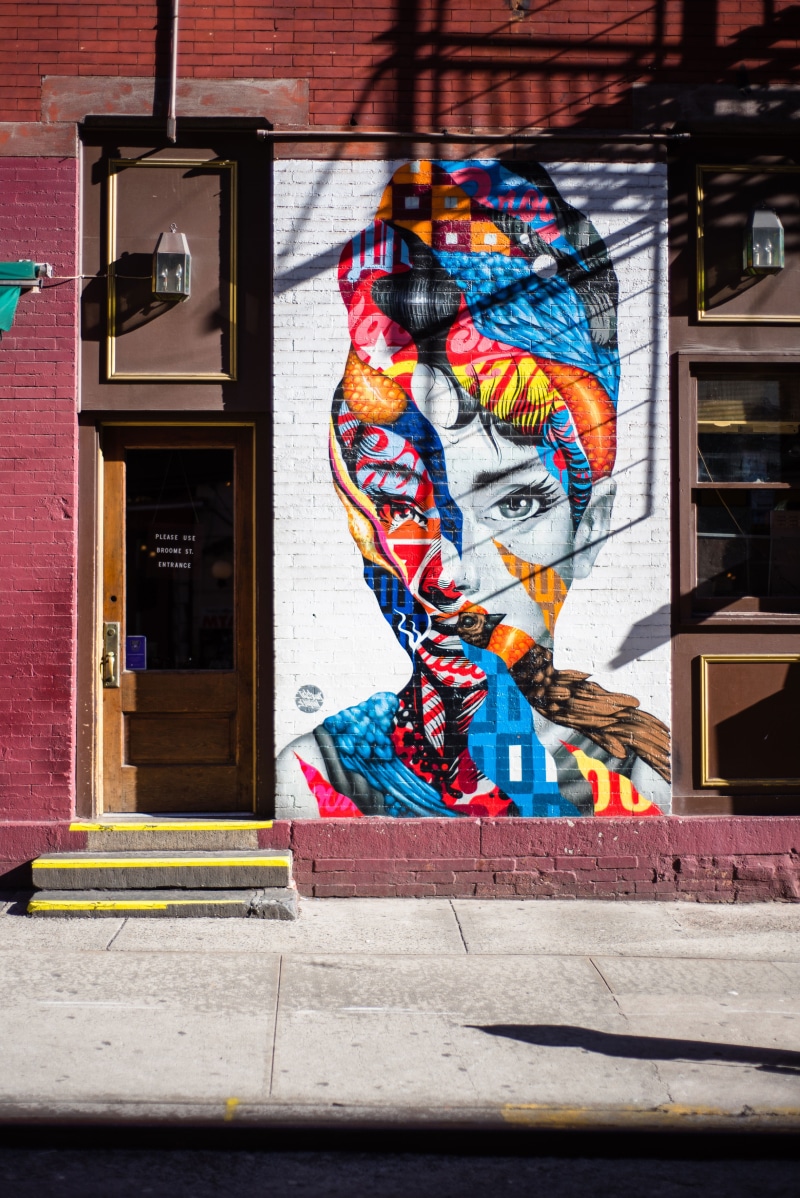 building, no people, audrey, grafitti, built structure, street, art, building exterior, audrey hepburn, beside, window, assorted, color, street art, human representation