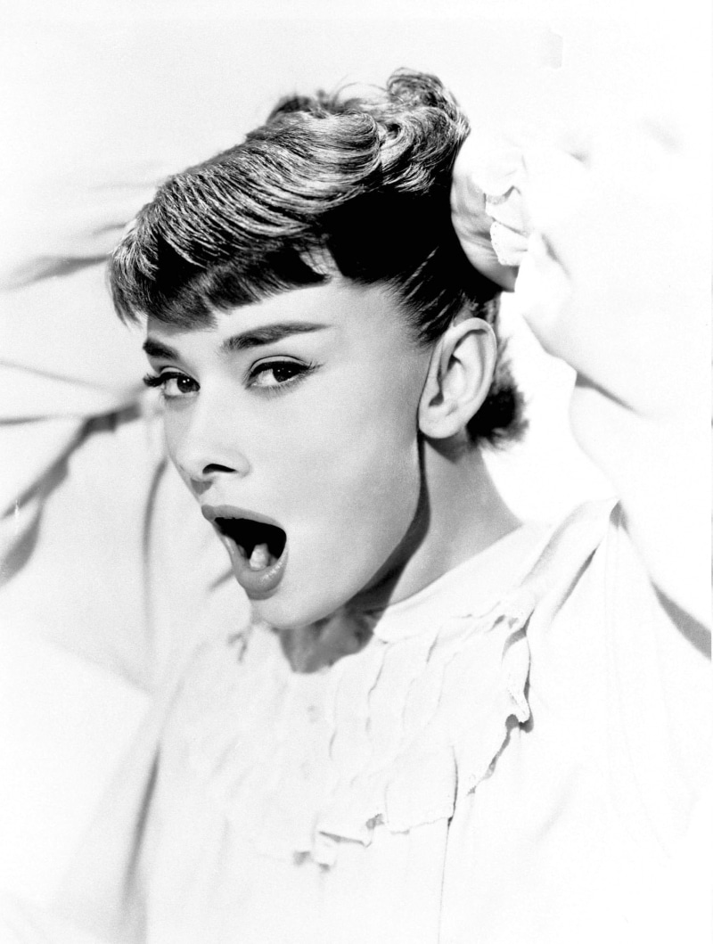 hairstyle, headshot, young adult, beautiful woman, 1080P, portrait, indoors, beauty, hair, mouth open, beautiful people, front view, Audrey Hepburn, fashion