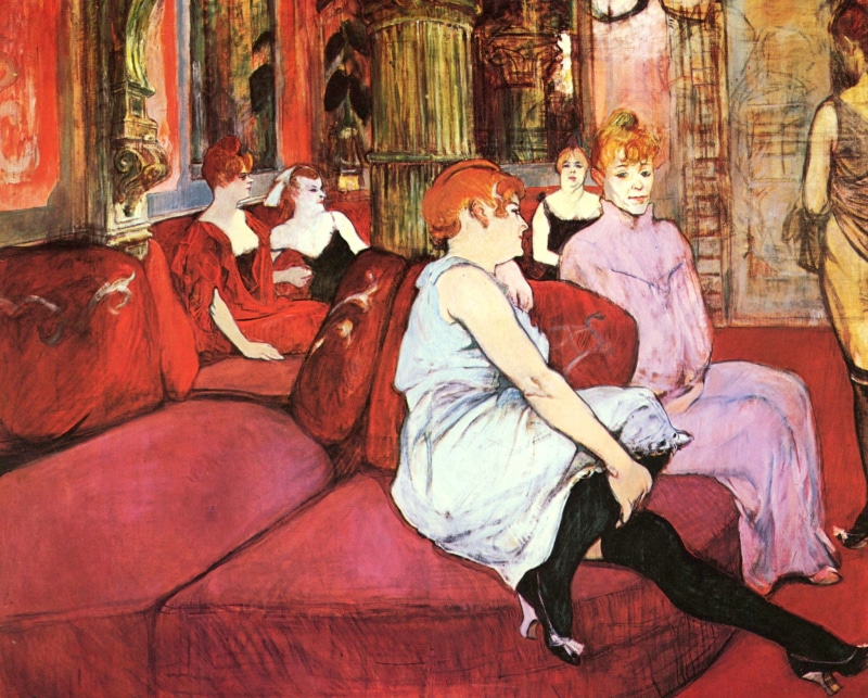 salon, The Salon in the Rue des Moulins, interior, 1080P, genre, picture, sofa, Henri de Toulouse-Lautrec