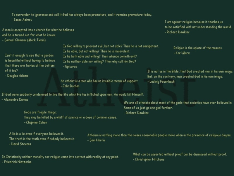 480P, quote atheism text isaac asimov richard dawkins karl marx friedrich nietzsche douglas adams green background