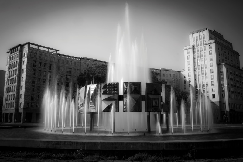 office building exterior, sculpture, communication, nature, black white, building exterior, fountain, built structure, strausberger platz, 4K, long exposure