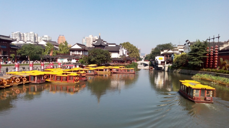 outdoors, water, passenger craft, building, tree, qinhuai river, moored, nautical vessel, nanjing, mode of transportation, building exterior, confucius temple