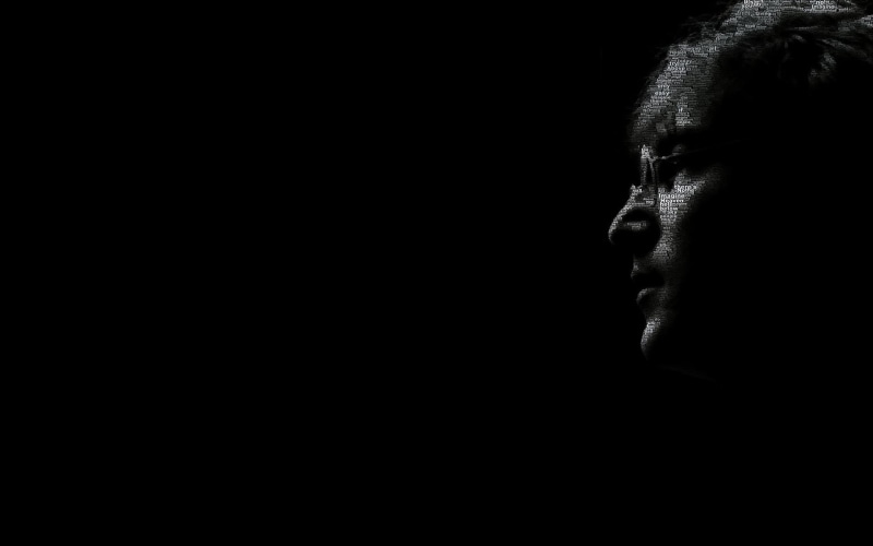 profile view, copy space, gates, body part, human face, looking away, John Lennon, 1080P, indoors, studio shot, words, dark, human body part, music, bill
