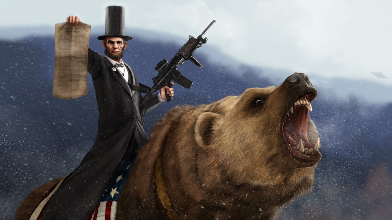 anger, weapon, animal wildlife, domestic animals, winter, mammal, men, Abraham Lincoln, real people, mature men, humor, aggression, one animal, hunter