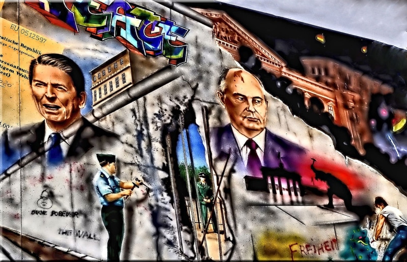 mikhail sergeyevich gorbachev, young men, adult, female likeness, male likeness, capital, wall - building feature, wall, poster, attraction, berlin, politics