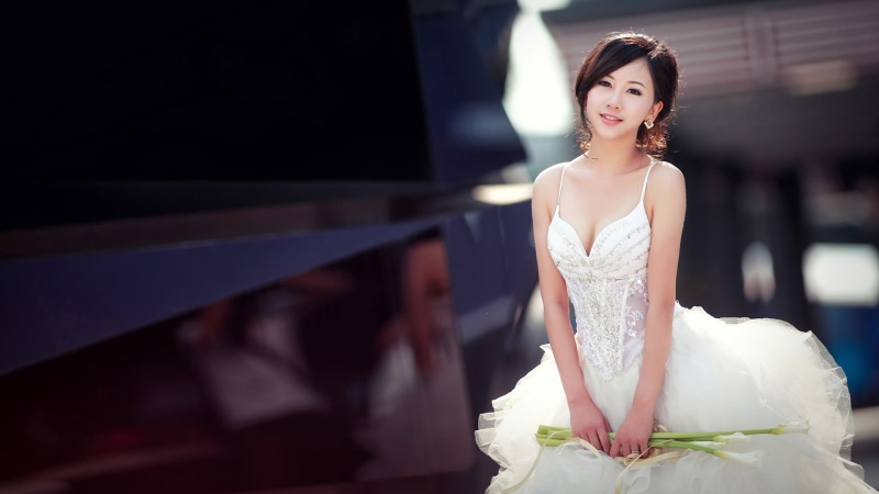 smiling, emotion, model, cleavage, newlywed, event, wedding, looking at camera, white color, women, one person, life events, dress, brunette, bride, wedding dress