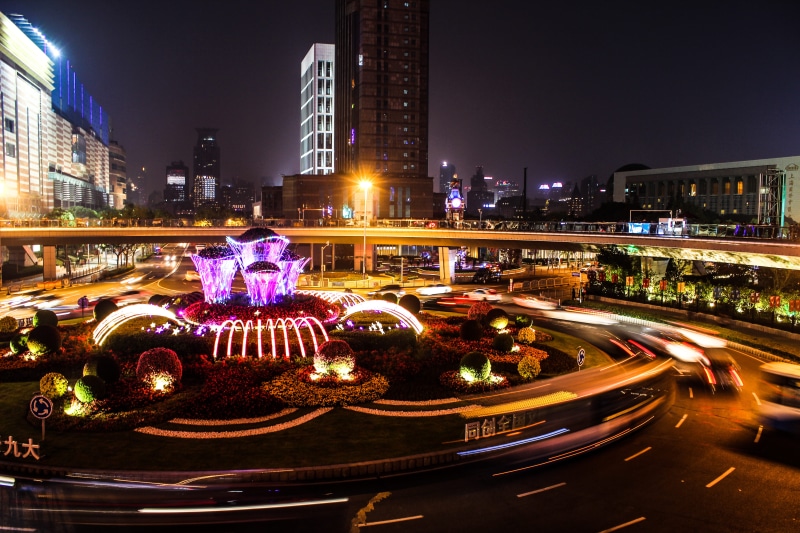 long exposure, motion, city lights, shanghai, skyscraper, building exterior, big city, 5K, street, city life, architecture, illuminated, round about, night