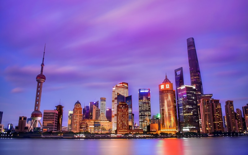 architecture, illuminated, cityscape, 2K, hd, city, financial district, lujiazui, sky, tall - high, purple, building exterior, wallpape, water, spire