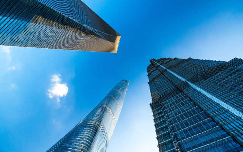 office, building exterior, city, building, travel destinations, blue, no people, day, 4K, sky, office building exterior, lujiazui, tall - high, skyscraper