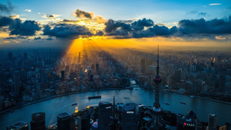 view, 1080P, shanghai, beautiful, aerial, sunrise, cityscape, aerial view, city