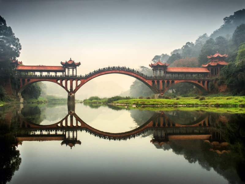 China, bridge - man made structure, beauty in nature, landscape, built structure, waterfront, bridge, reflection, outdoors, tree, water, nature, connection