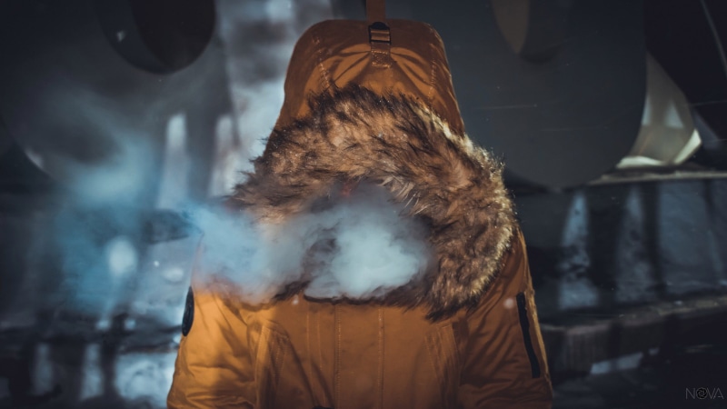 vape, snow, fur, vapor, adult, hood - clothing, cold, filmshoot, women, hairstyle, brown, one person, analog, standing, waist up, coat, real people, smoke