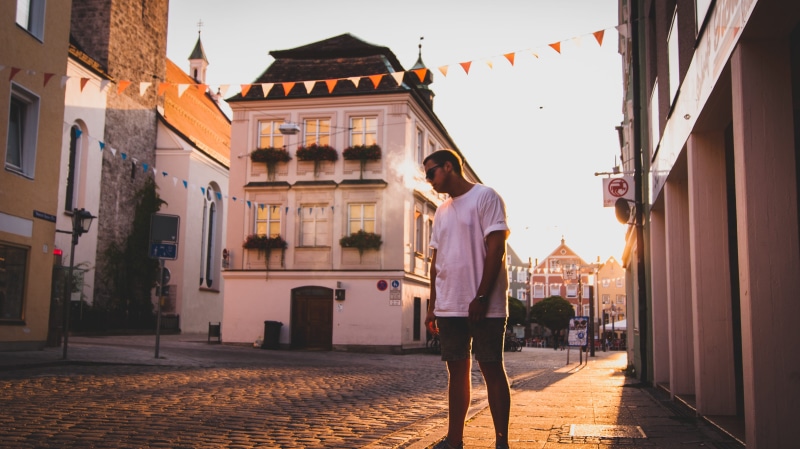 day, young adult, bavaria, german, standing, building exterior, old town, cool, nature, sun set, light, boy, germany, tshirt, leisure activity, sunglasses
