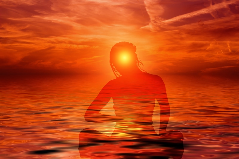 meditation, sea, light, orange color, sky, one person, 5K, sun, spirituality, sunlight, digital composite, person, outdoors, awareness, lens flare, duality