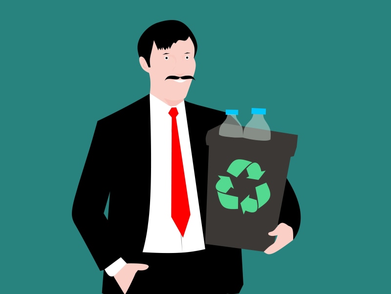 business, young, suit, occupation, illustration, recycling, environment, plastic, formalwear, blue background, white collar worker, colored background