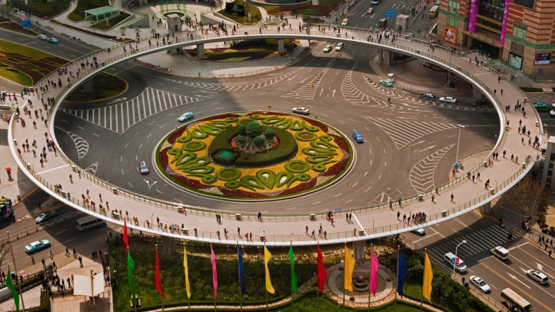 Shanghai, building, bridge, urban, car, roundabouts, flag, 1080P, circle, architecture, China, traffic, road, crowds, street