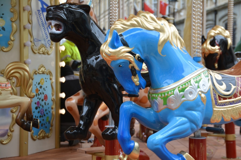 leisure, domestic animals, roundabout, art and craft, fun, holiday, attraction, movement, motion, colorful, statue, park, horse, domestic, wheel, merry