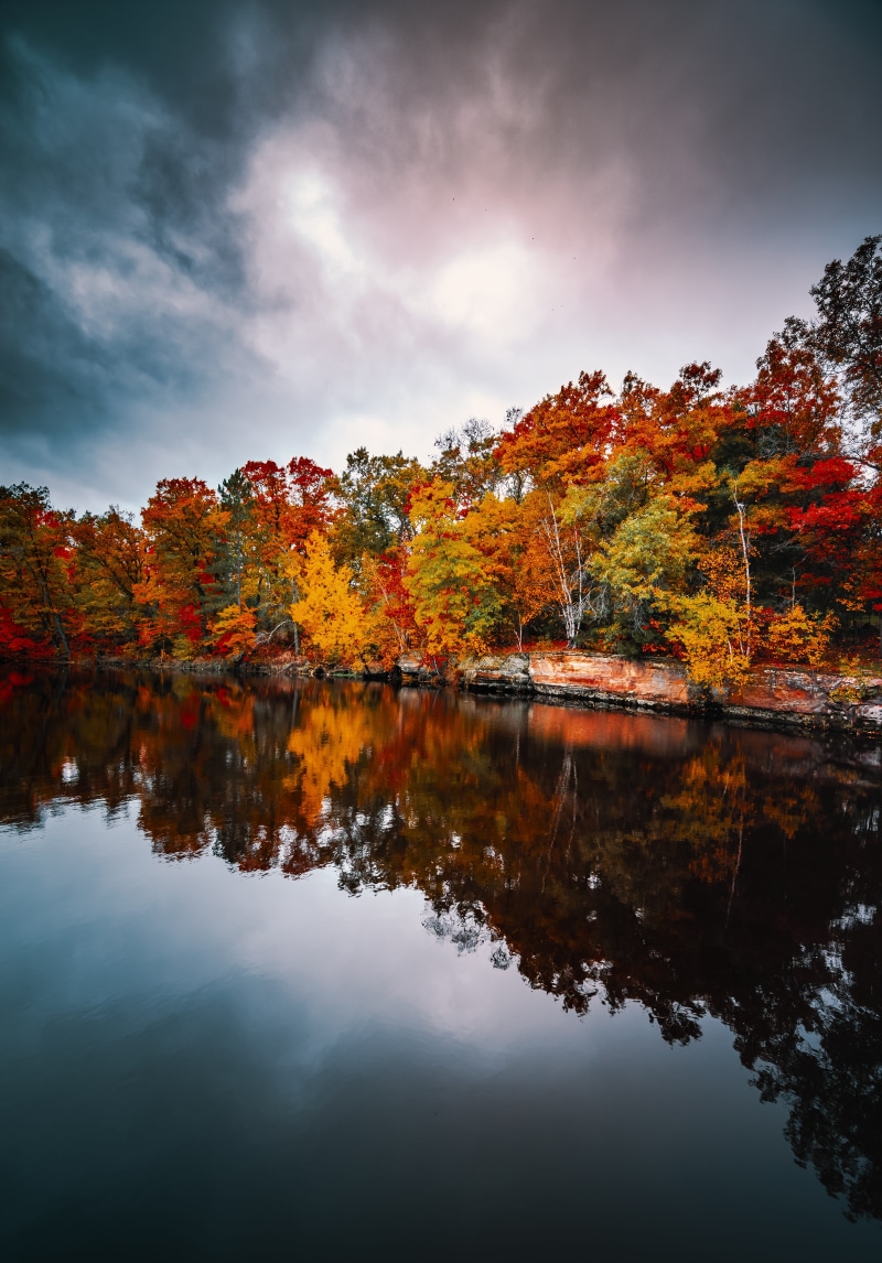 water, fall, rock, sky, overcast, color Image, autumn, nature, reflecting, season, no People, pond, river, japanese Maple, beauty In Nature, orange Color