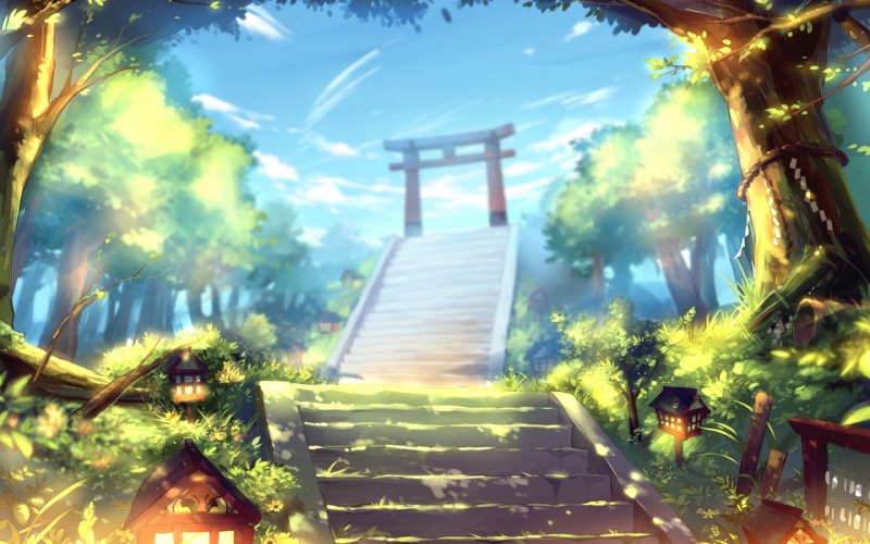 1080P, stairways, hd, shimenaw, Trees, art, Clouds, skyscapes, plants, torii, lanterns, nature, Landscapes, scenic, shinto, gate