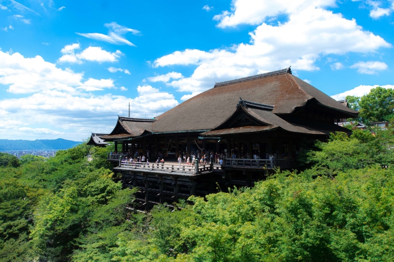 religion, japan, heritage, sky, architecture, building exterior, ancient, spirituality, plant, culture, tourism, kiyomizu, landmark, green color, site