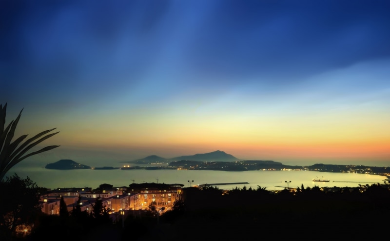tranquil scene, building exterior, built structure, tranquility, mountain range, campania, sunset, silhouette, Naples, first, beauty in nature, nature