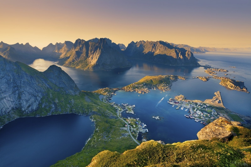town, clear sky, Lofoten, Europe, 1080P, sunset, Norway, mountains, bay, sunlight, fjord, landscape, sea, coast, harbor, nature